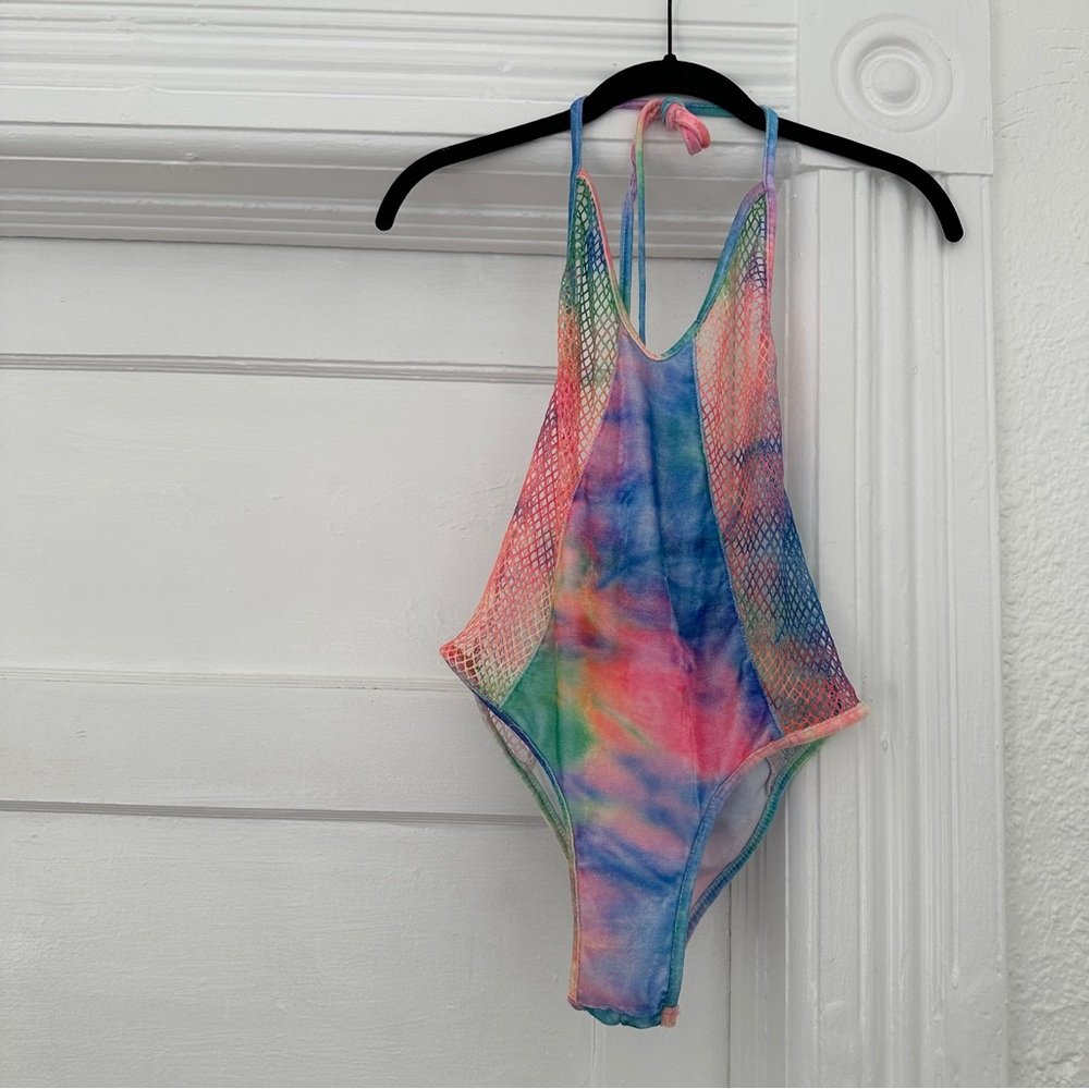 i heart raves tie dye mesh & velvet halter body suit, size small